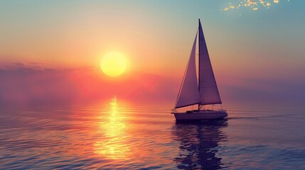 A sailboat drifting on a calm ocean, silhouetted by the setting sun, with the sky and sea merging in a gradient of warm colors.
