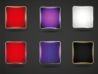 Set of square glossy button. Red, purple, white, black silver and gold frame button