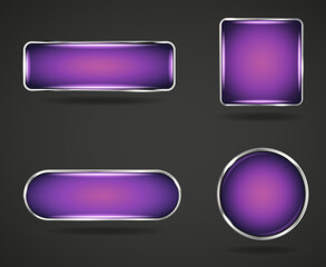 Gradient purple silver frame website button set. Circle square glossy frame