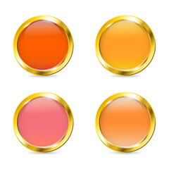 Set of pastel round glossy realistic buttons. Golden frame pin collection