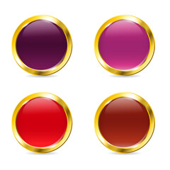 Realistic round gradient red maroon button with golden frame. Golden badge set