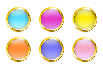 Realistic round button with golden frame. Golden badge set. Glossy bleu, pink, yellow, orange pin