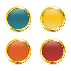 Realistic round gradient red yellow orange green button with golden frame. Golden retro colors badge set