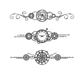 Black decorative elements with vintage watch, clock-face, gears, dragonfly, cogwheels, curls and chains isolated on a white background. Mechanism. Steampunk. Vector set for greeting card, label, print