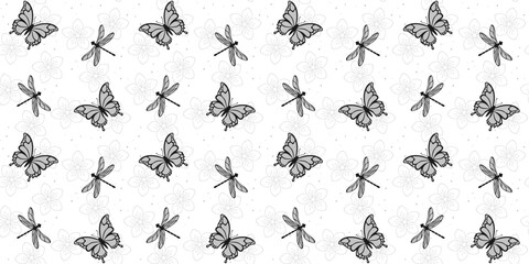 Gray butterflies and dragonflies with black edging on a white background with gray spring flowers. Summer endless texture with decorative insects. Vector seamless pattern for giftwrap, surface texture
