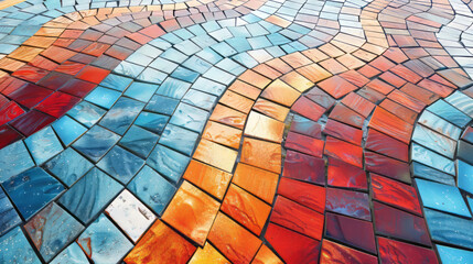 A mosaic tile pattern forms a wall background, featuring an abstract digital photo in light crimson and blue, data visualization, and light sky-blue and orange.