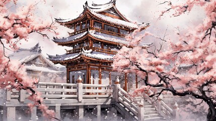 Fototapeta premium A painting of a Japanese temple with cherry blossoms in the background