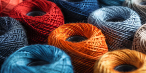Colorful textured thread for yarn in dark sky-blue, light red, light brown, and dark azure with selective focus.