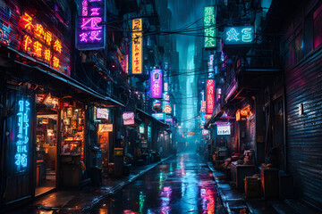 Obraz premium A dark, narrow alley illuminated by neon signs in a bustling cyberpunk city, with rain-slicked streets reflecting the colorful lights.