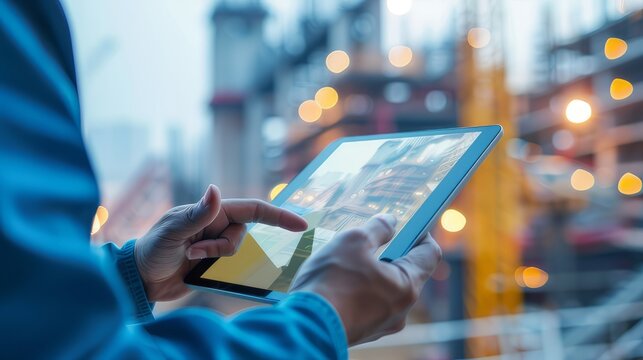 Smart Construction Project management system concept.Hands using digital tablet with Construction Management Software on blurred construction site as background