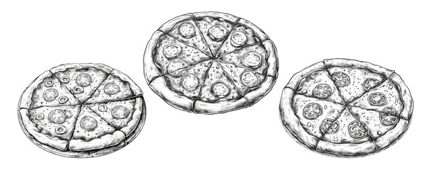 Sketch of pizza. Doodle illustrations set of fast food