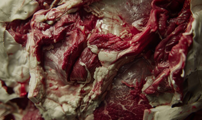 Obraz premium A close-up view of a piece of beef shows light beige and red tones.