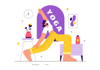 Vector illustration of Yoga and Meditation Practices featuring a Girl Exercising for Health Benefits in a Flat Style Cartoon Background