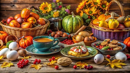 Vibrant autumnal still life featuring a distressed wooden table overflowing with an assortment of colorful dishes, yam eggs, and seasonal items for festive entertaining.