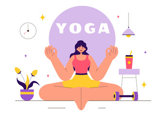 Vector illustration of Yoga and Meditation Practices featuring a Girl Exercising for Health Benefits in a Flat Style Cartoon Background