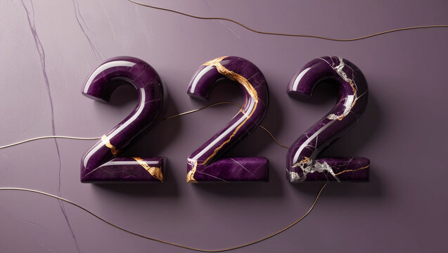 Number 222 with Dark Purple Amethyst Marble with Gold and Silver Veins on Luxurious Background.