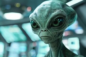 An alien research scientist with large, intelligent eyes and pale green skin, studying alien artifacts in the laboratory of his modern spaceship.