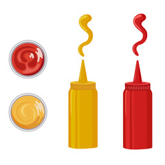 Obraz premium Vector sauces for fast food on a white background. Yellow and red bottle. A bottle of mustard and ketchup. Ceramic sauce pan with sauces