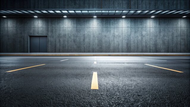 Black asphalt road and empty dark street scene background with studio room interior texture for product display wall background