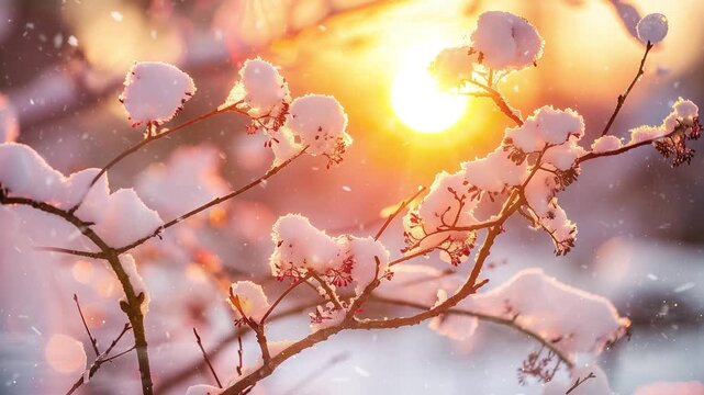 snow covered tree branch at sunset seamless looping overlay 4k virtual video animation background
