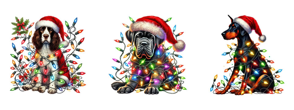 Christmas dogs in santa hats with colorful lights, Springer Spaniel, Great Dane, and Doberman Pinscher, isolated on transparent background