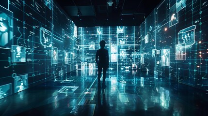 Innovation Immersive Experience A person surrounded by holographic projections in a dark room