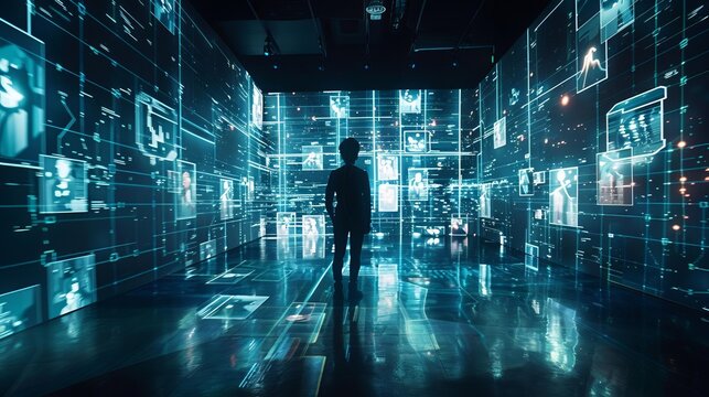 Innovation Immersive Experience A person surrounded by holographic projections in a dark room