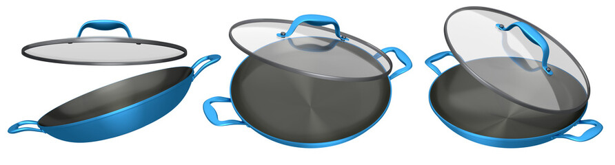 Set of frying pan with glass lid on white background, non-stick kitchen utensils