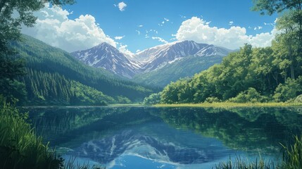 Serene Mountain Lake with Snow-capped Peaks and Lush Foliage