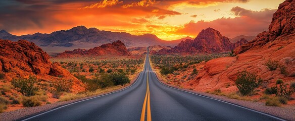 Fototapeta premium A Straight Road Through Red Rock Canyon at Sunset