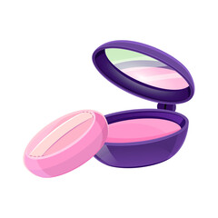 Round open compact powder case for applying makeup on a white
