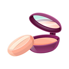 Round open compact powder case for applying makeup on a white background