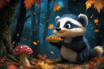 Fototapeta premium Cute Raccoon Holding a Plate of Berries in an Autumn Forest