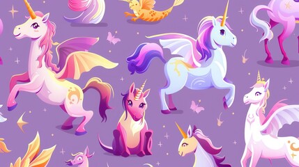Fototapeta premium Whimsical unicorn illustrations adorned with vibrant colors and playful details create a magical atmosphere