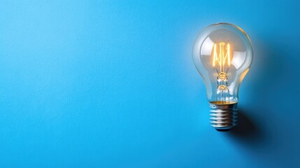 A solitary lightbulb illuminating a blue background with copy space