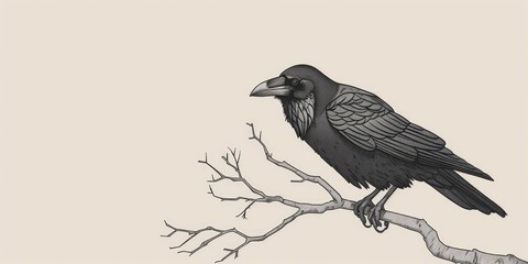 Obraz premium A black crow perched on a bare branch.