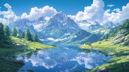 Fototapeta premium Tranquil Mountain Lake with Snow-capped Peaks and a Blue Sky