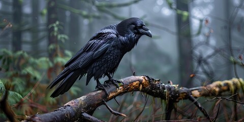 Obraz premium A black crow perched on a branch in a misty