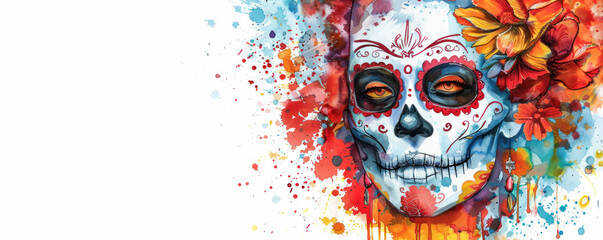 Vibrant Day of the Dead or Dia de los Muertos portrait featuring a woman's face with intricate sugar skull makeup, surrounded by colorful splashes and floral elements.