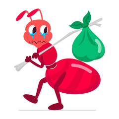 A flat sticker of hobo ant walking with sad expression 

