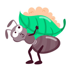 Comic style sticker of ant carrying leaf with food  


