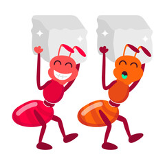 Comic style sticker of ants carrying ice cubes 

