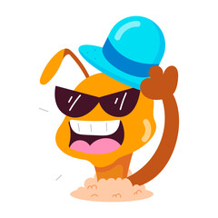A comic style sticker of beach ant with hat and glasses 

