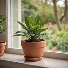 Obraz premium Earthy Elegance Terracotta Plant Pot on Window Sill