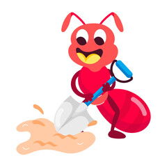 A flat sticker of ant with digging shovel 

