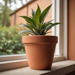 Fototapeta premium Earthy Elegance Terracotta Plant Pot on Window Sill