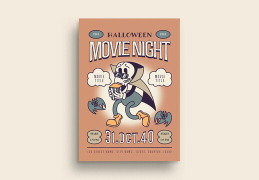 Orange Rubber Hose Retro Cartoon Halloween Movie Night Flyer Layout