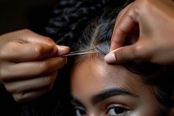 Obraz premium Close-up of beautiful hands using tweezers to pluck gray hair, showcasing a therapeutic and clean treatment for the scalp of a stunning client at a black salon.