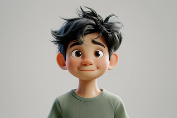 Smiling Asian cartoon character young man male person wearing green t-shirt in 3d style design on light background. Human people feelings expression concept