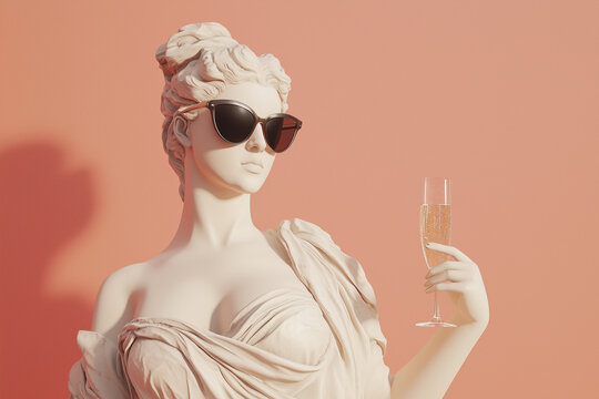 Statue of Greek goddess wearing sunglasses with a glass of champagne on peach background. Celebration. Party. Woman with a glass of champagne.